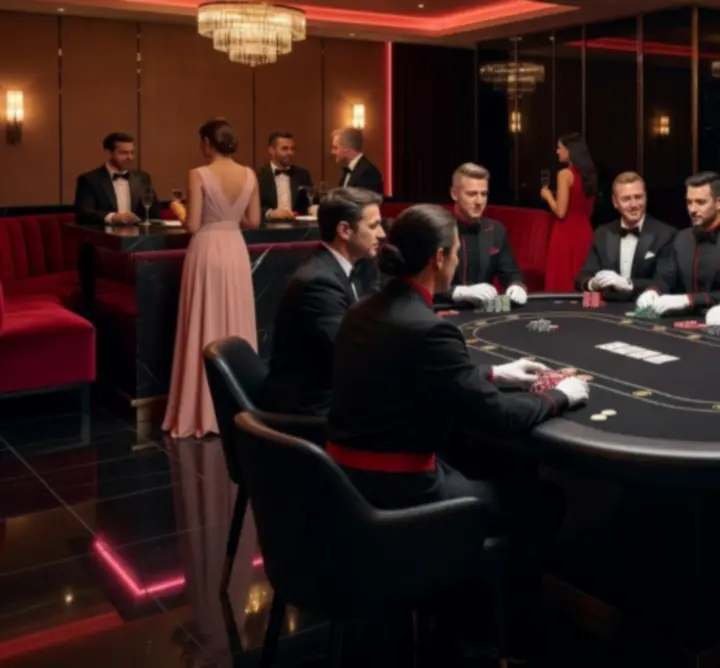 Stylový pokerový stůl připravený pro večerní kasino zážitek na eventu.