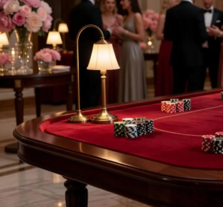 Elegantně nasvícený poker-inspirovaný stůl na eventu Akce Hrat