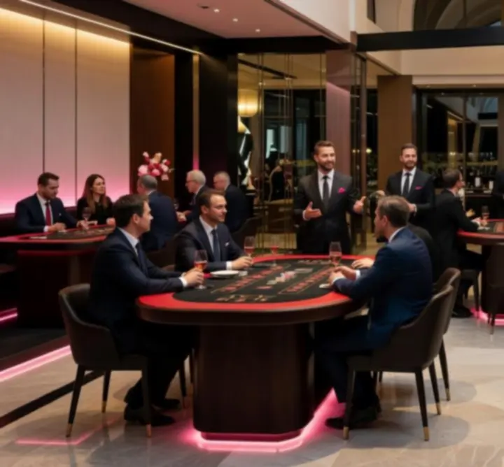 Luxusní firemní akce s kasino stoly a hosty v elegantním prostředí